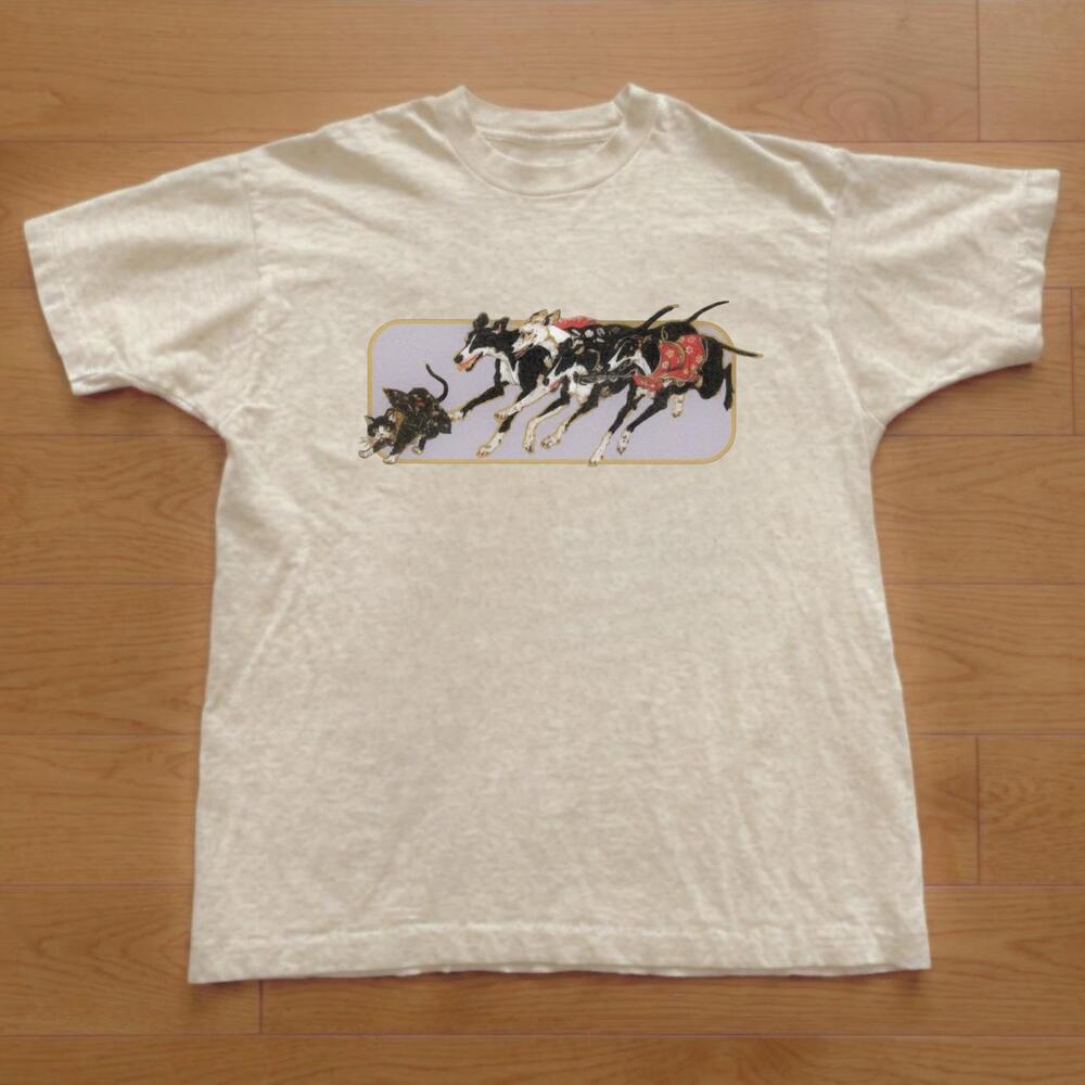 Greyhound Dogs Chasing Cat Graphic Art Beige T-Shirt